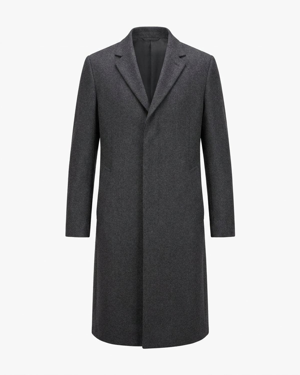 Charcoal wool overcoat, clean product shot on a white studio backdrop
