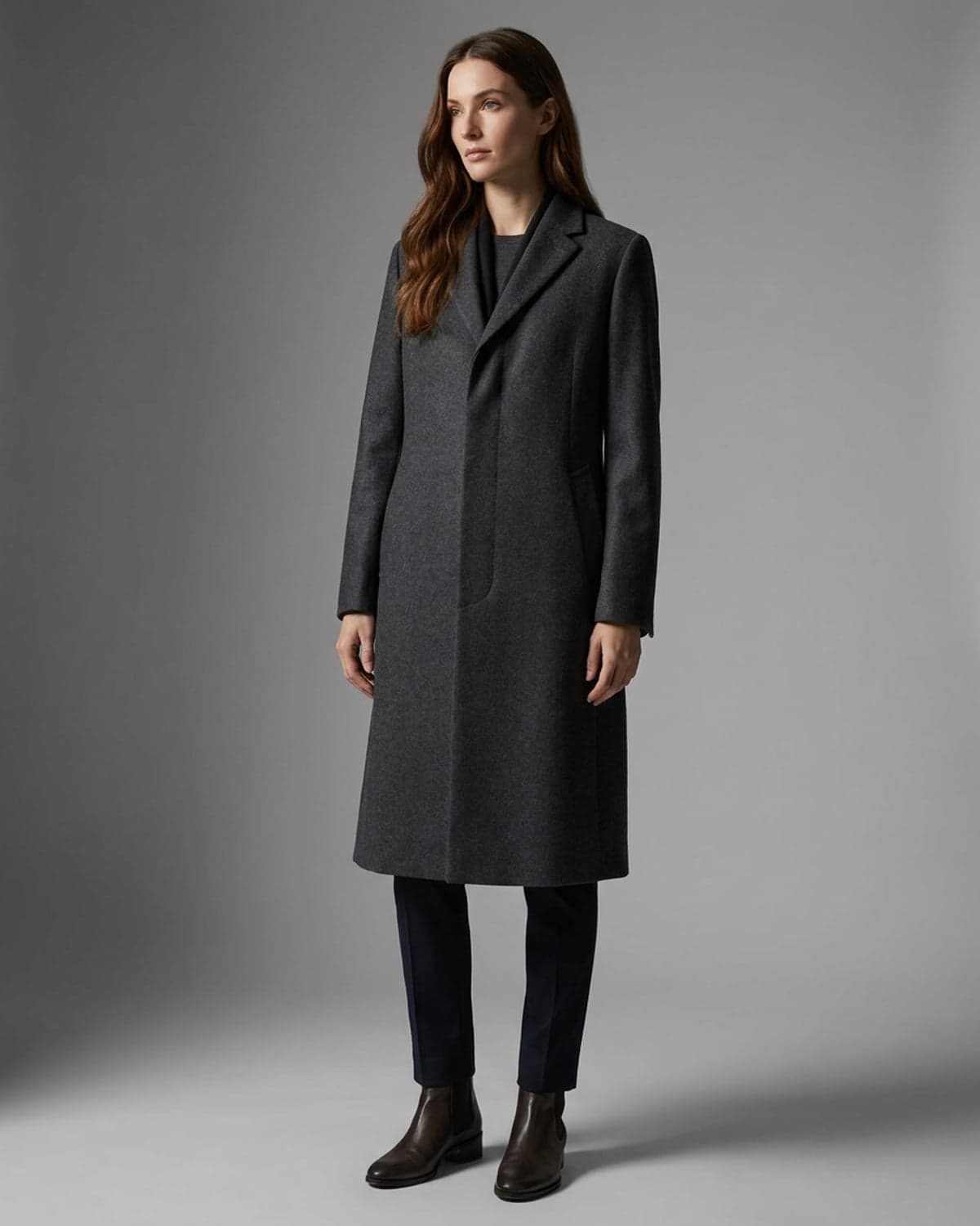The same coat worn by an AI model in an editorial studio shoot